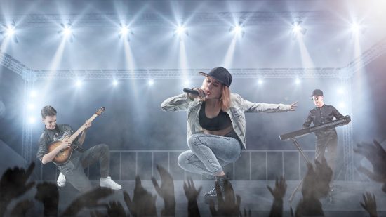 music bnd with female singer giving a concert on a stage